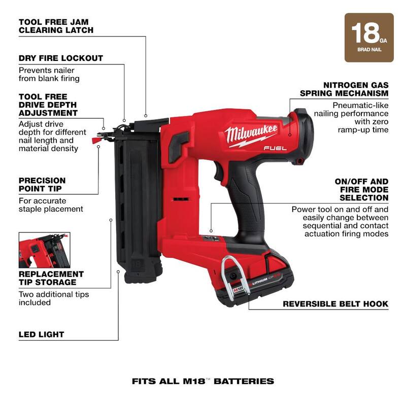 18-Volt 18-Gauge Cordless Brad Nailer Kit with Battery, Charger and Bag W514959