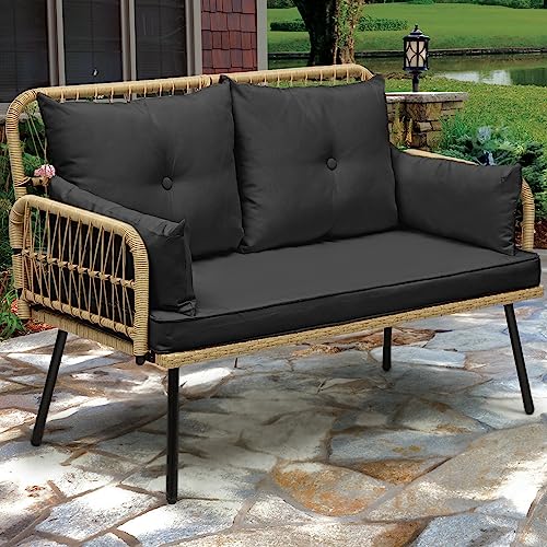 Light Brown Black Wicker Outdoor Loveseat with Cushions Y576763