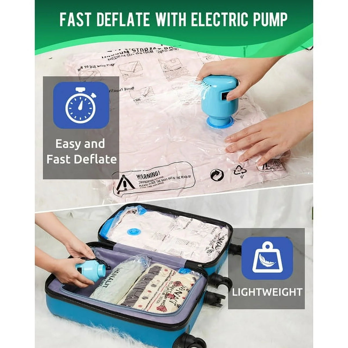 10 Pack Vacuum Storage Bags Small with Electric Air Pump Reusable Compression 24"x16" O656