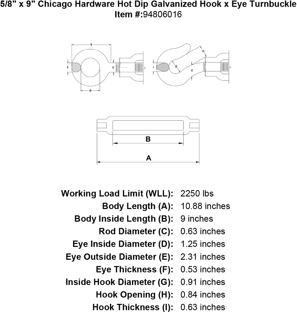 5/8 x 9 Hot Dip Galvanized Hook x Eye Turnbuckle T577
