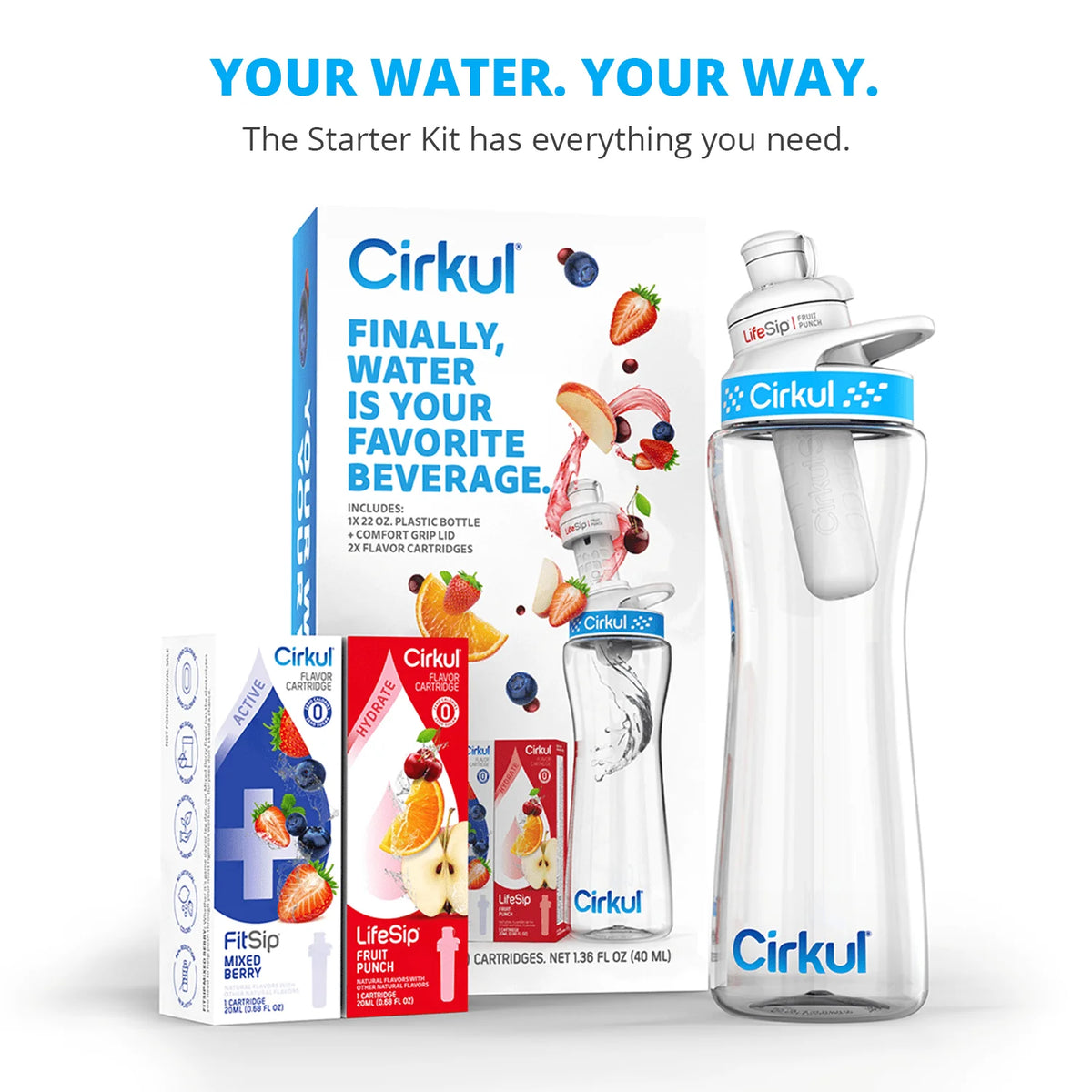 22oz Plastic Water Bottle Starter Kit with Blue Lid and 2 Flavor Cartridges I347511