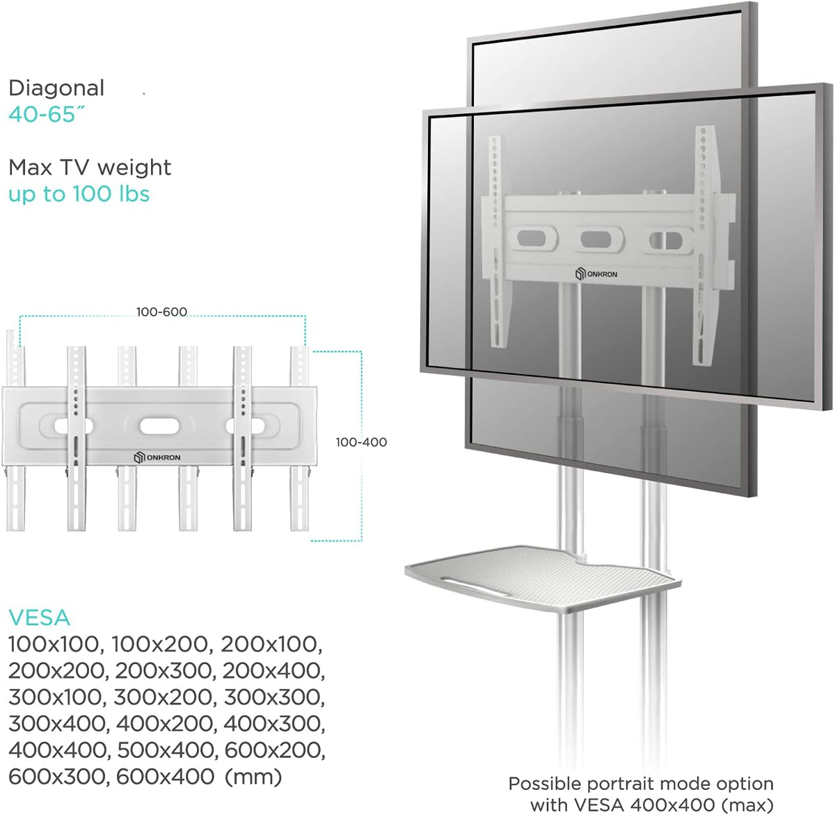 Mobile TV Stand for 32 to 65 Inch TV Screens with Wheels Shelves O27411