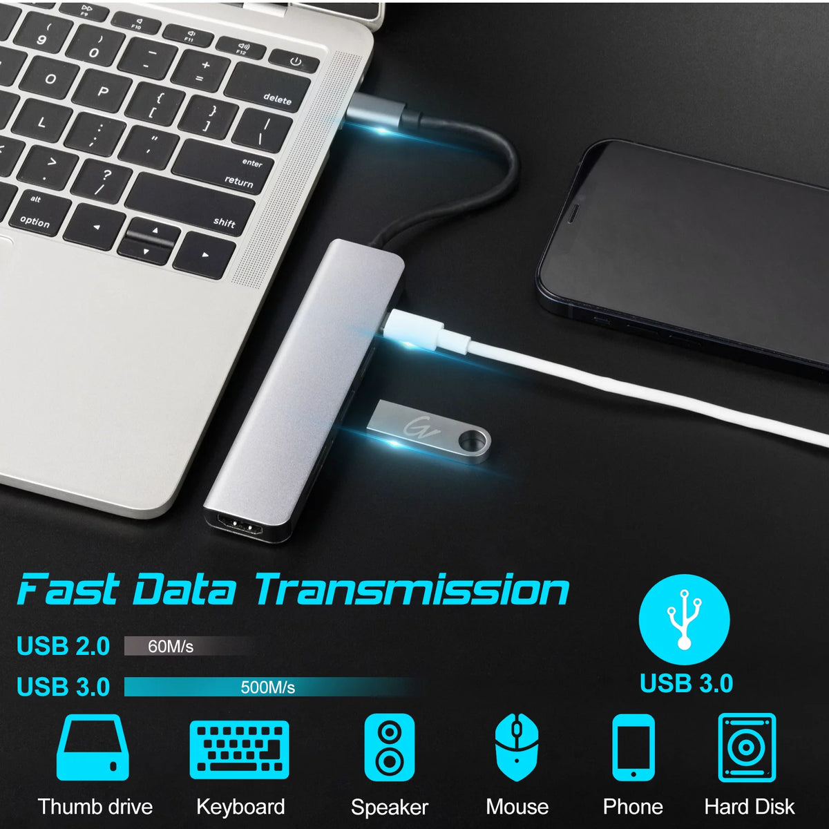 6 in 1 USB C Hub with 4K HDMI and SD/TF Card Reader C216