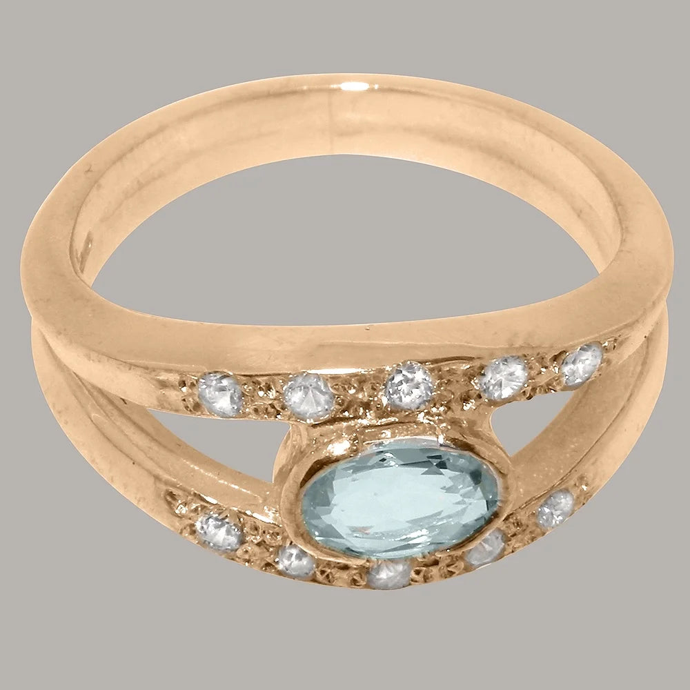 18k Rose Gold Natural Aquamarine & Diamond Womens Band Ring B949