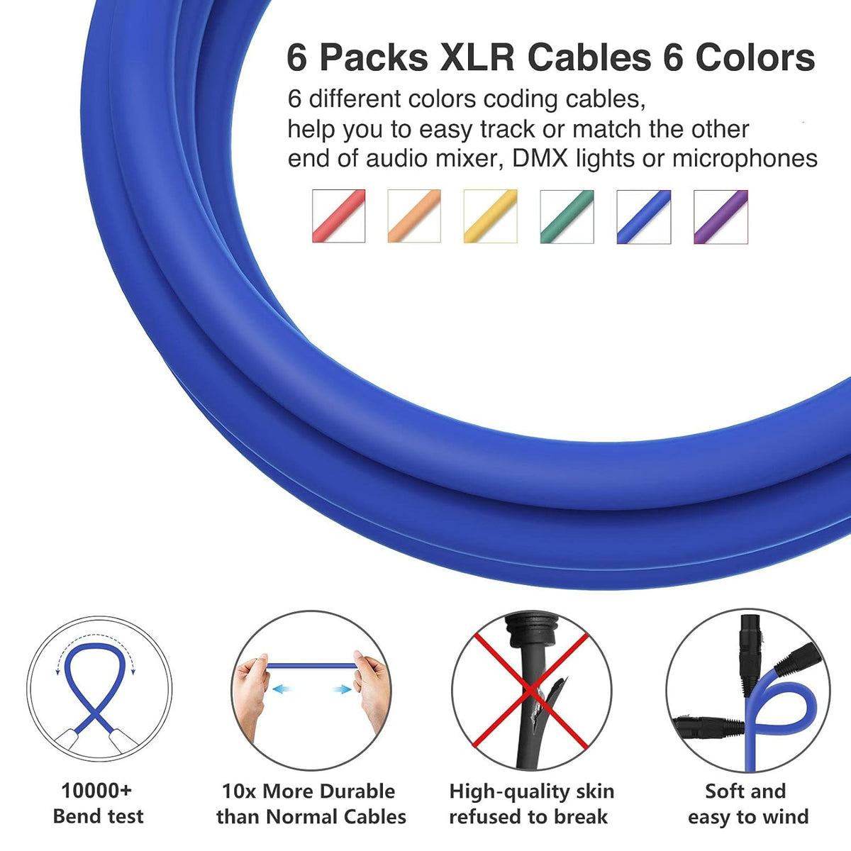 25ft 6 Pack XLR Male to XLR Female Mic Patch Cables Z34912