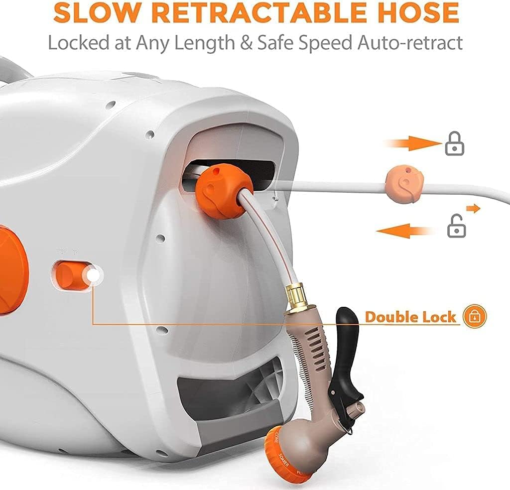 Wall Mount Retractable Garden Hose Reel, 82 FT 5/8 Inch, 8 Patterns Nozzles, Brass Connector T3931