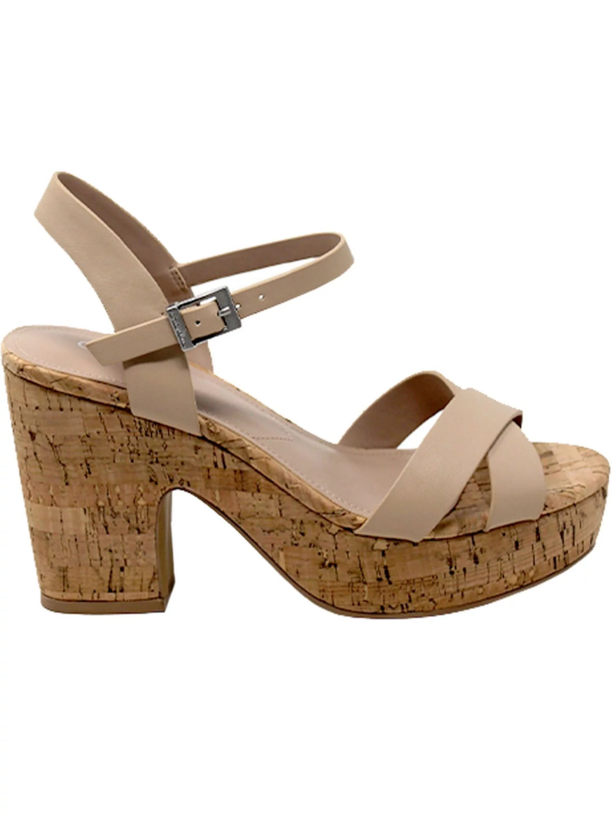 Beige Cork Platform Ankle Strap Block Heel Dress Sandals P80518
