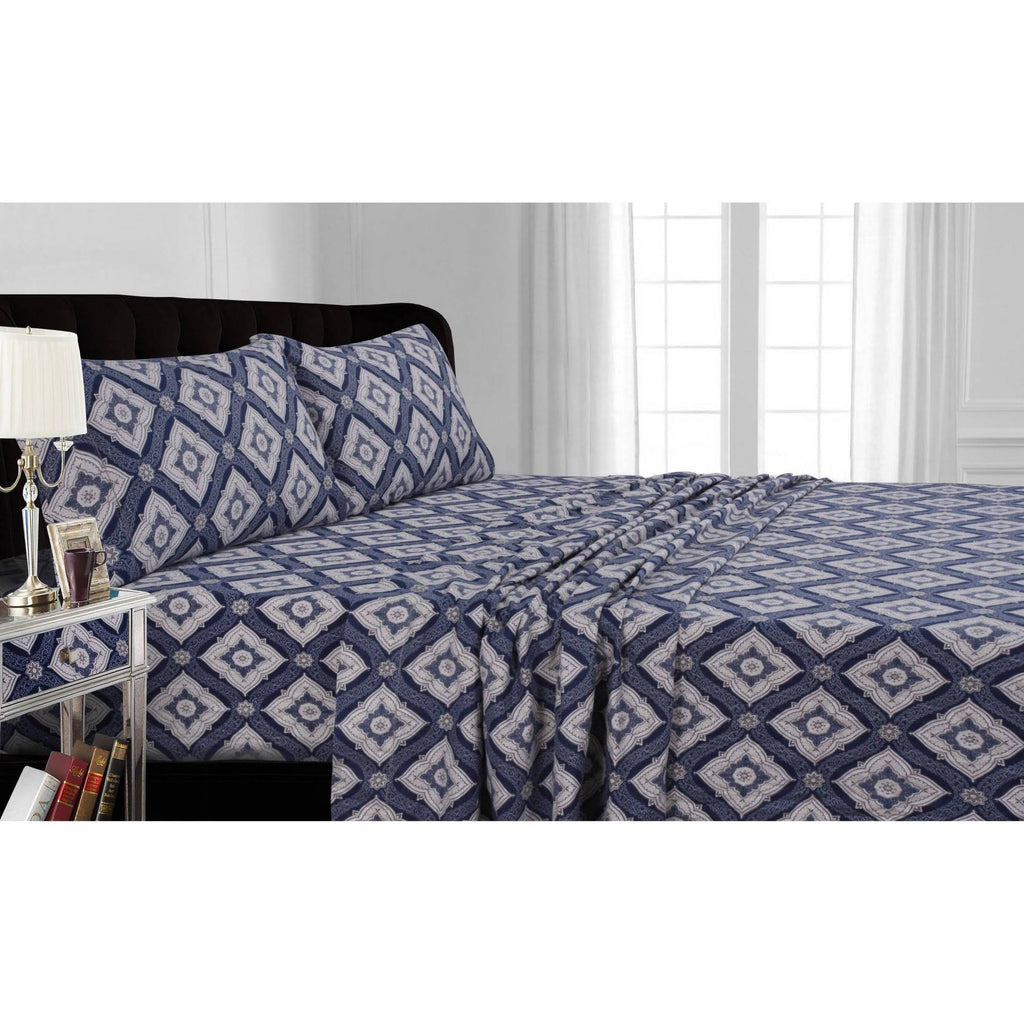 Queen Flannel Damask Printed Extra Deep Pocket Sheet Set I9971