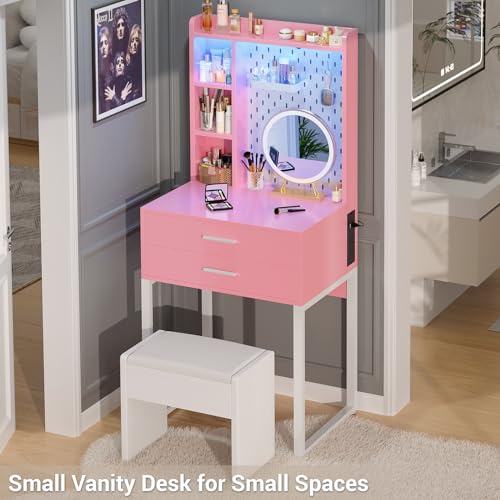 Pink Vanity Desk with Hutch and Drawers and LED Lights N646500
