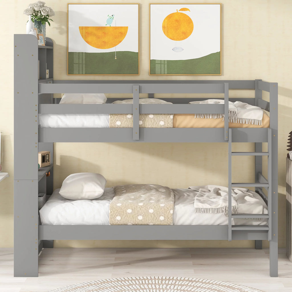 Twin over Twin Wood Bunk Bed with Storage Headboard R6344