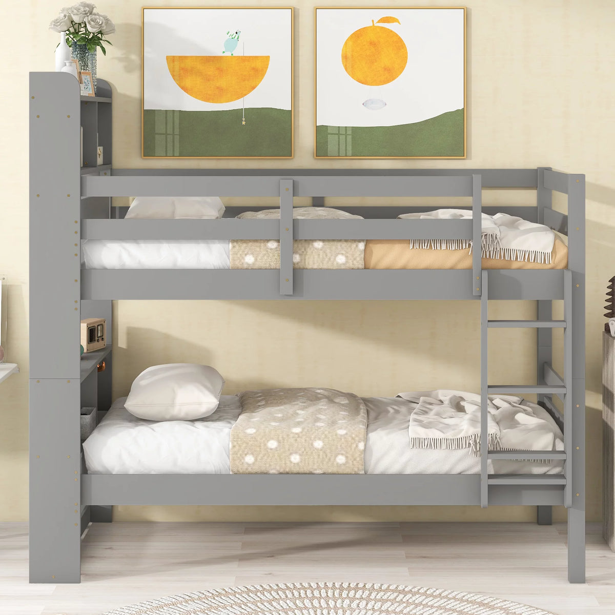 Twin over Twin Wood Bunk Bed with Storage Headboard R6344