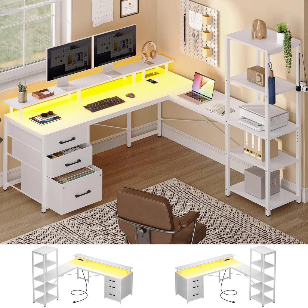 White L Shaped Computer Desk with Power Outlet and LED Lights V6125