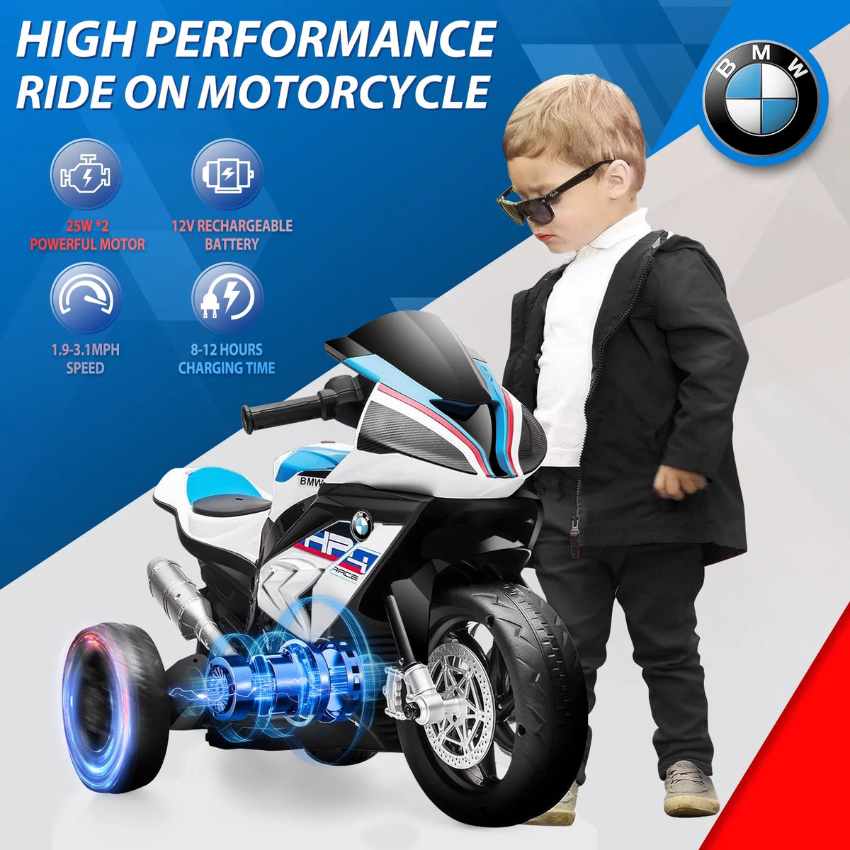 12V White 3 Wheels Kids Ride on Motorcycle A614