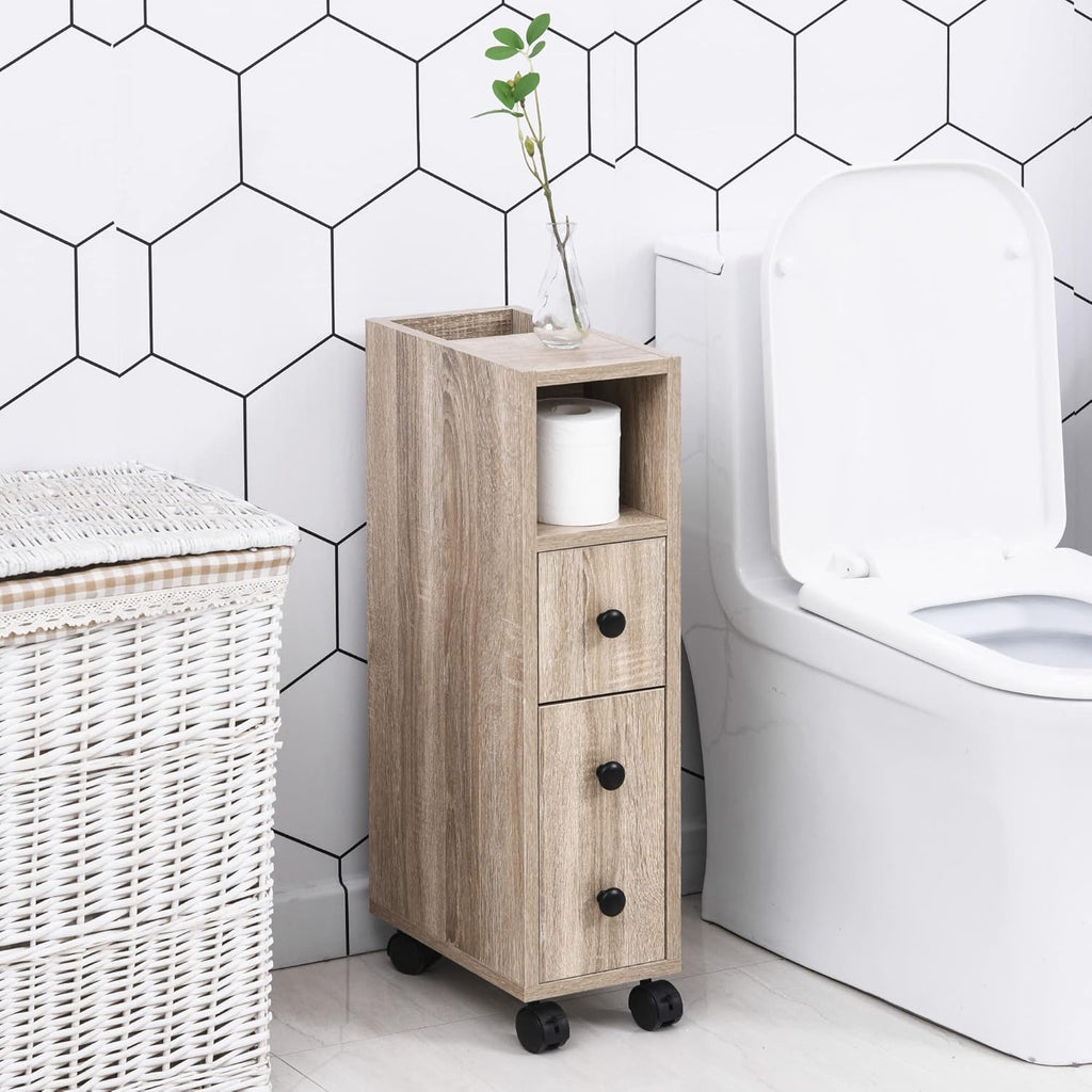 Oak Grain Freestanding Bathroom Cabinet with 2 Open Cabinets, 1 Door Cabinet, 1 Drawer and 4 Rolling Wheels W131