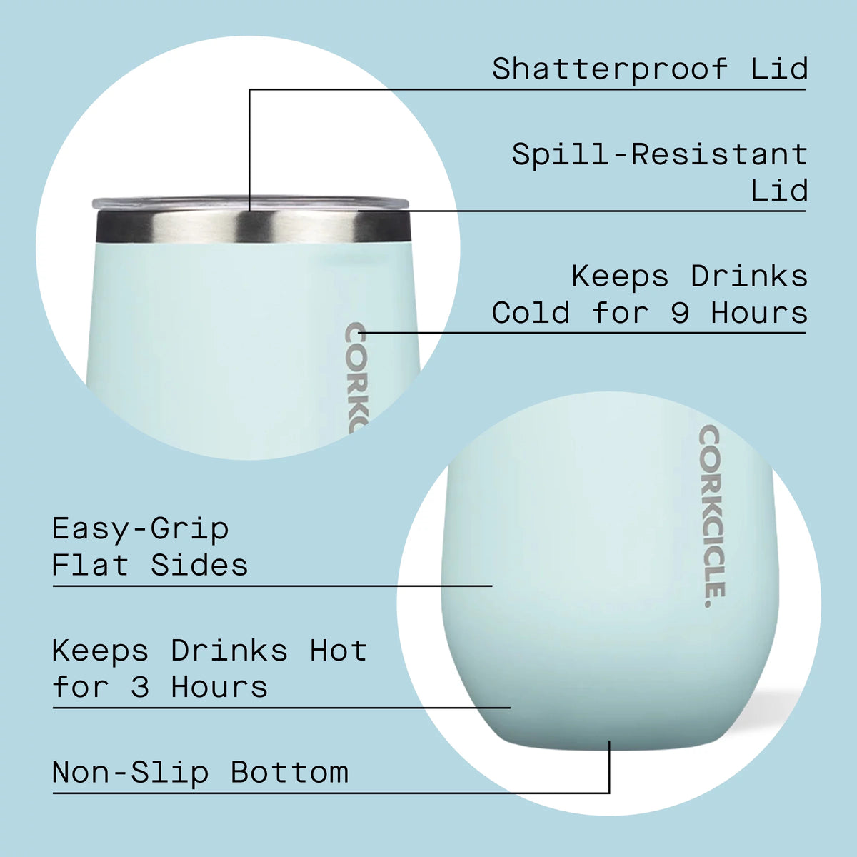 Gloss Powder Blue 12 oz Stainless Steel Stemless Wine Glass Y3935