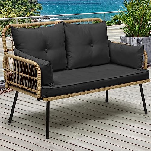 Light Brown Black Wicker Outdoor Loveseat with Cushions Y576763