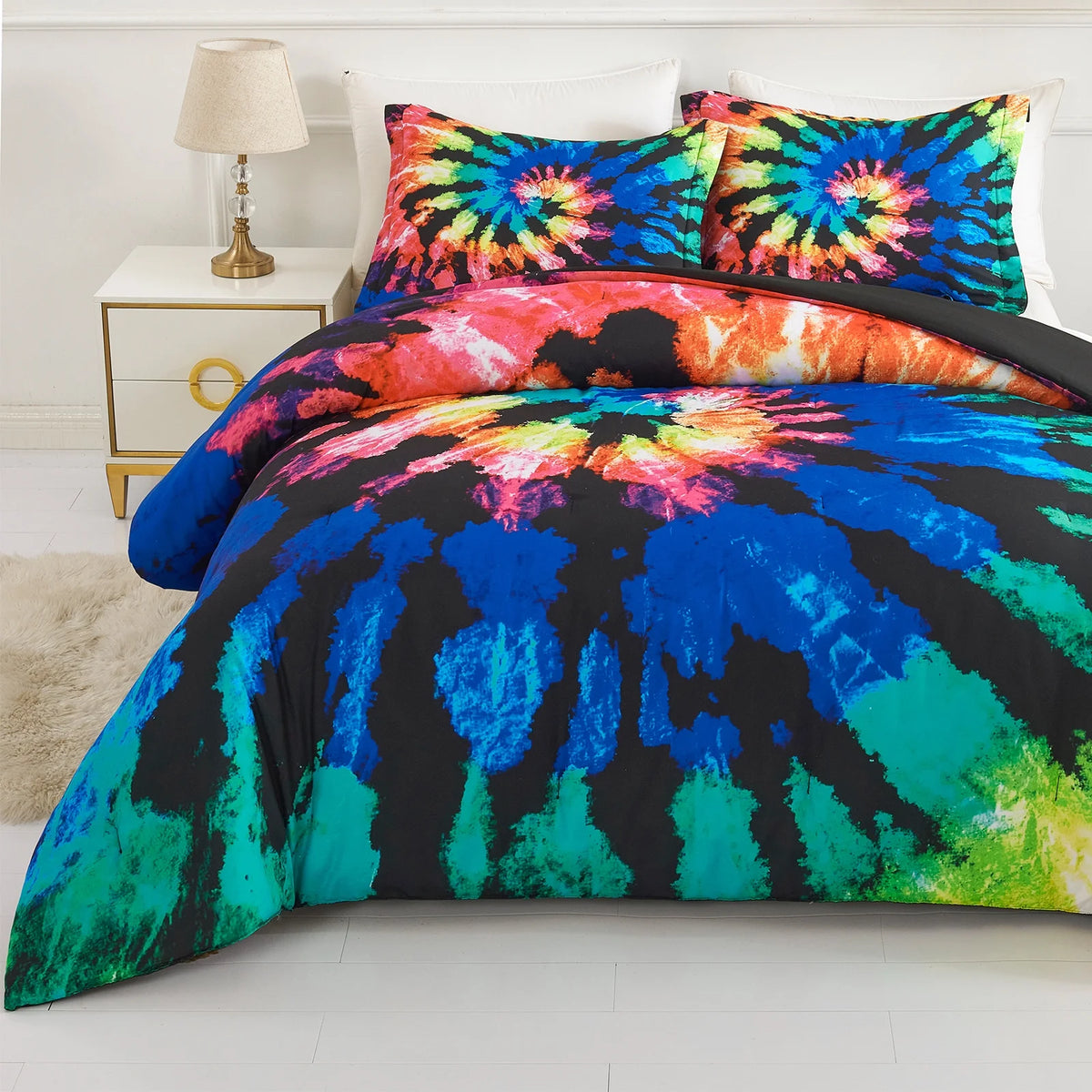 Tie Dye Reversible Comforter Set, Full/Queen Size, 3 Pieces, Blue Black Purple H5093