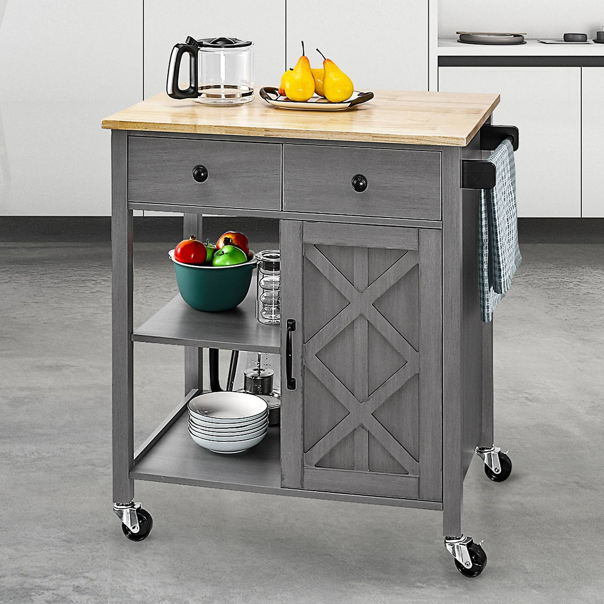 Gray Kitchen Cart with Wood Top A98046