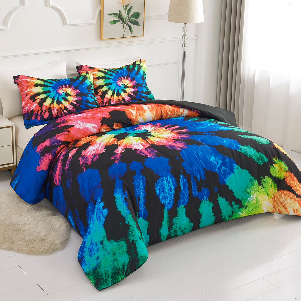 Tie Dye Reversible Comforter Set, Full/Queen Size, 3 Pieces, Blue Black Purple H5093