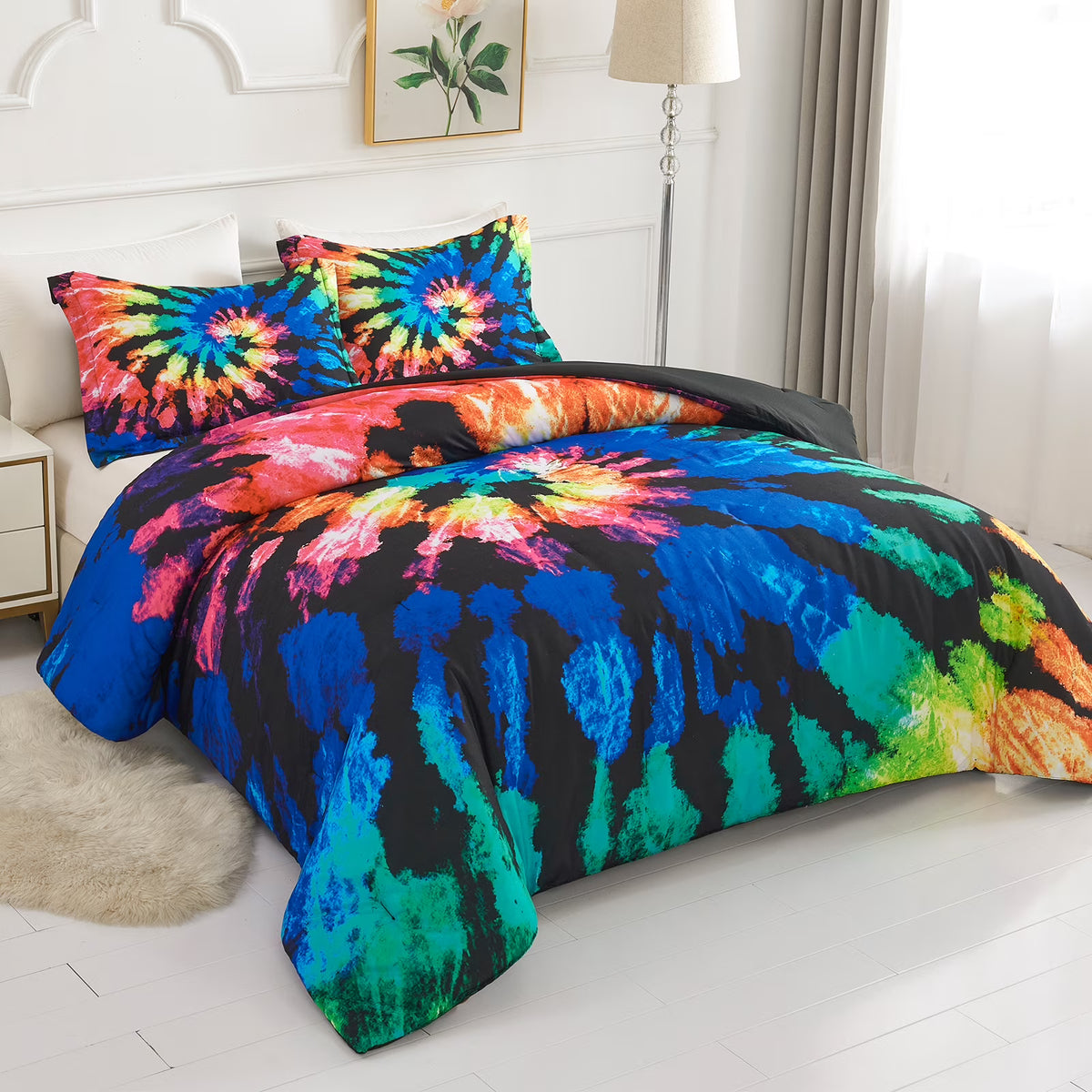 Tie Dye Reversible Comforter Set, Full/Queen Size, 3 Pieces, Blue Black Purple H5093