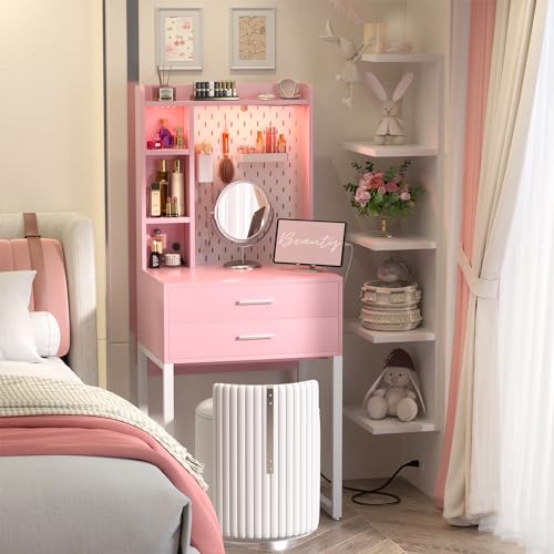 Pink Vanity Desk with Hutch and Drawers and LED Lights N646500