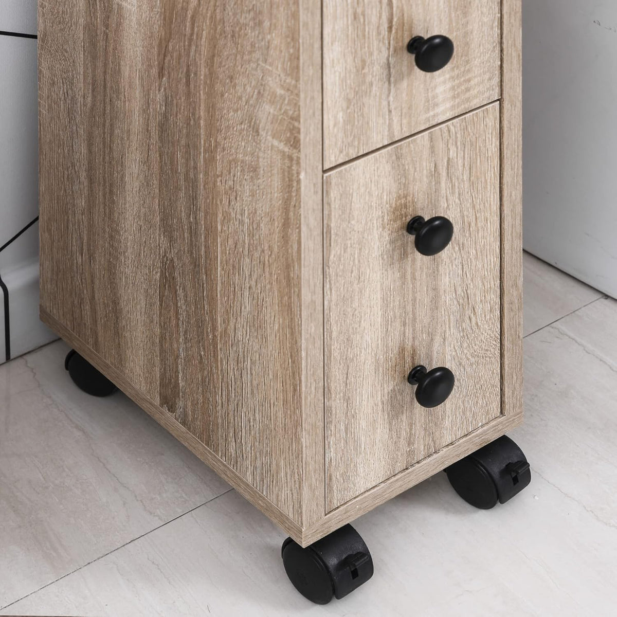 Oak Grain Freestanding Bathroom Cabinet with 2 Open Cabinets, 1 Door Cabinet, 1 Drawer and 4 Rolling Wheels W131