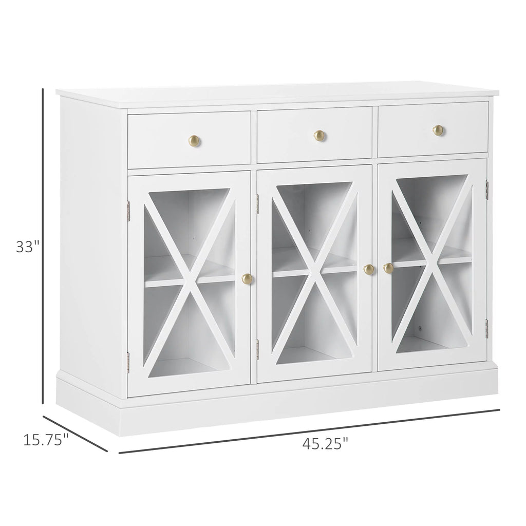 White Sideboard Buffet Cabinet with Glass Doors and 3 Drawers L79230