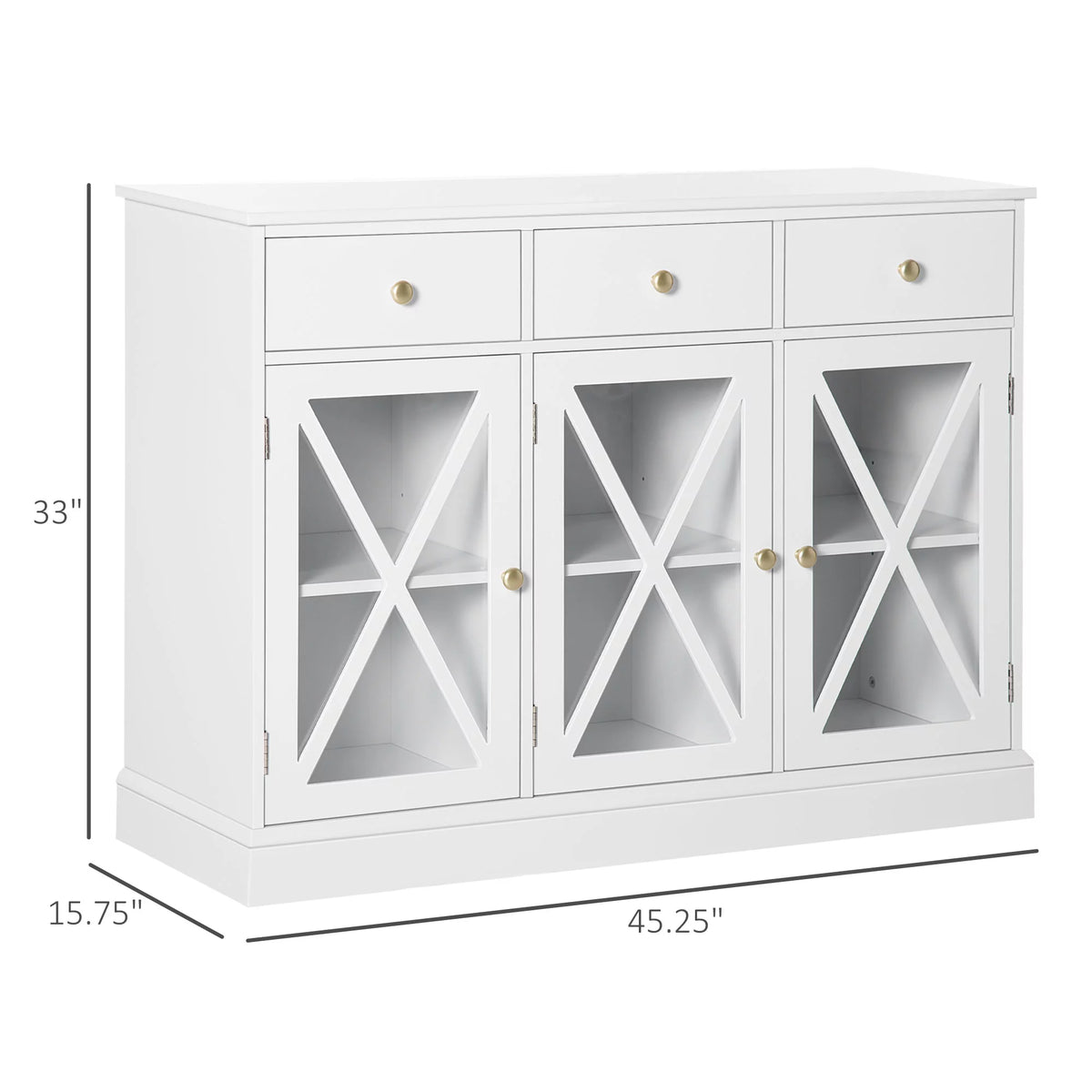 White Sideboard Buffet Cabinet with Glass Doors and 3 Drawers L79230