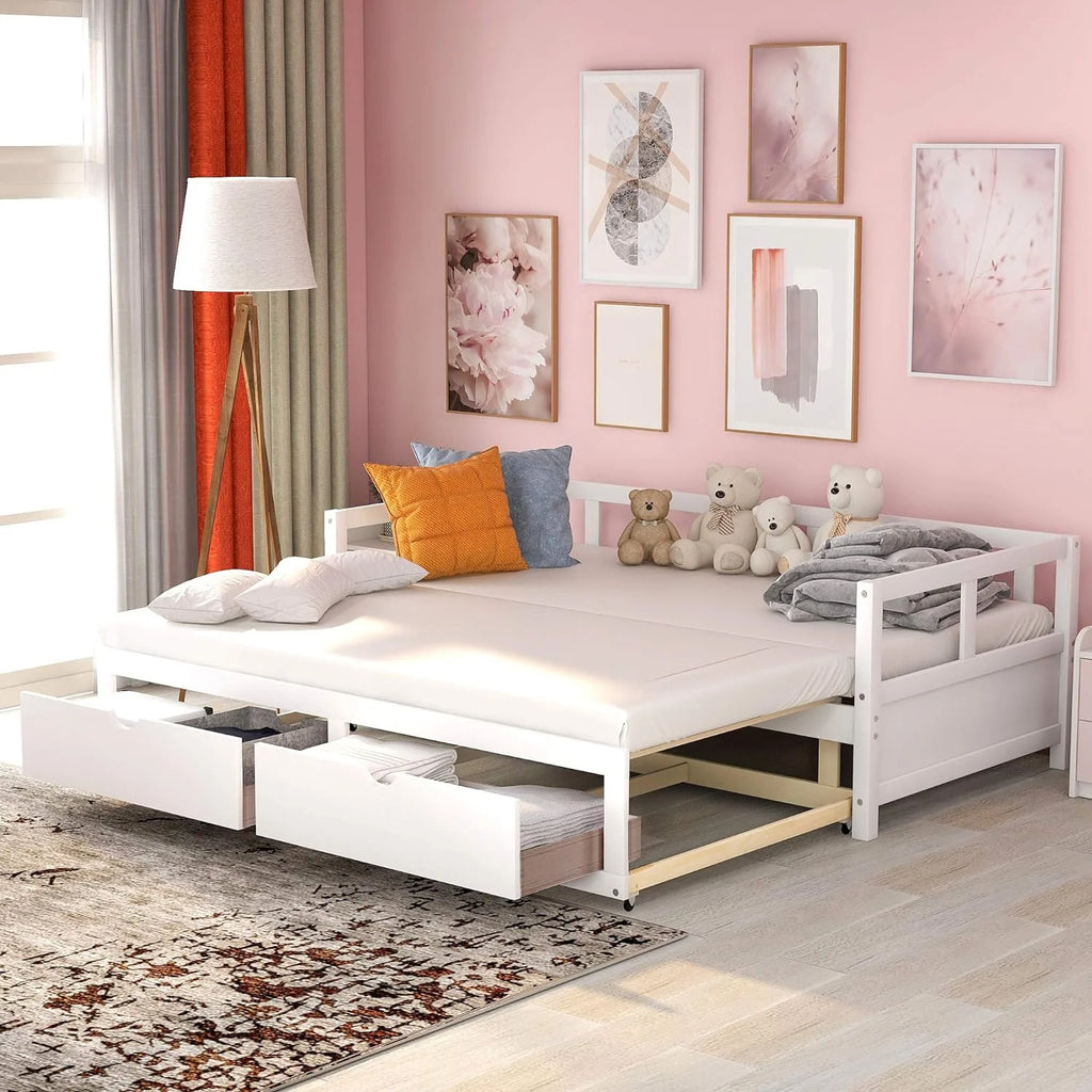 White Wooden Daybed with Trundle and 2 Storage Drawers R516