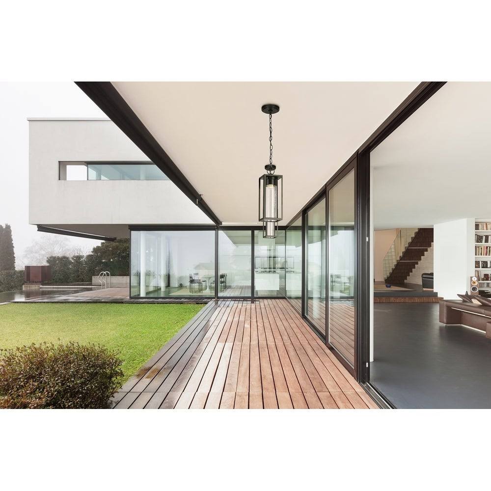 Outdoor Pendant Light Matte Black Clear Seedy Glass 8W LED U9008