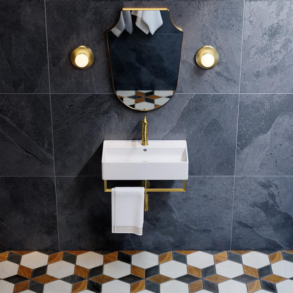 22" Wall-Mount Bathroom Sink with Brushed Gold Towel Bar C394