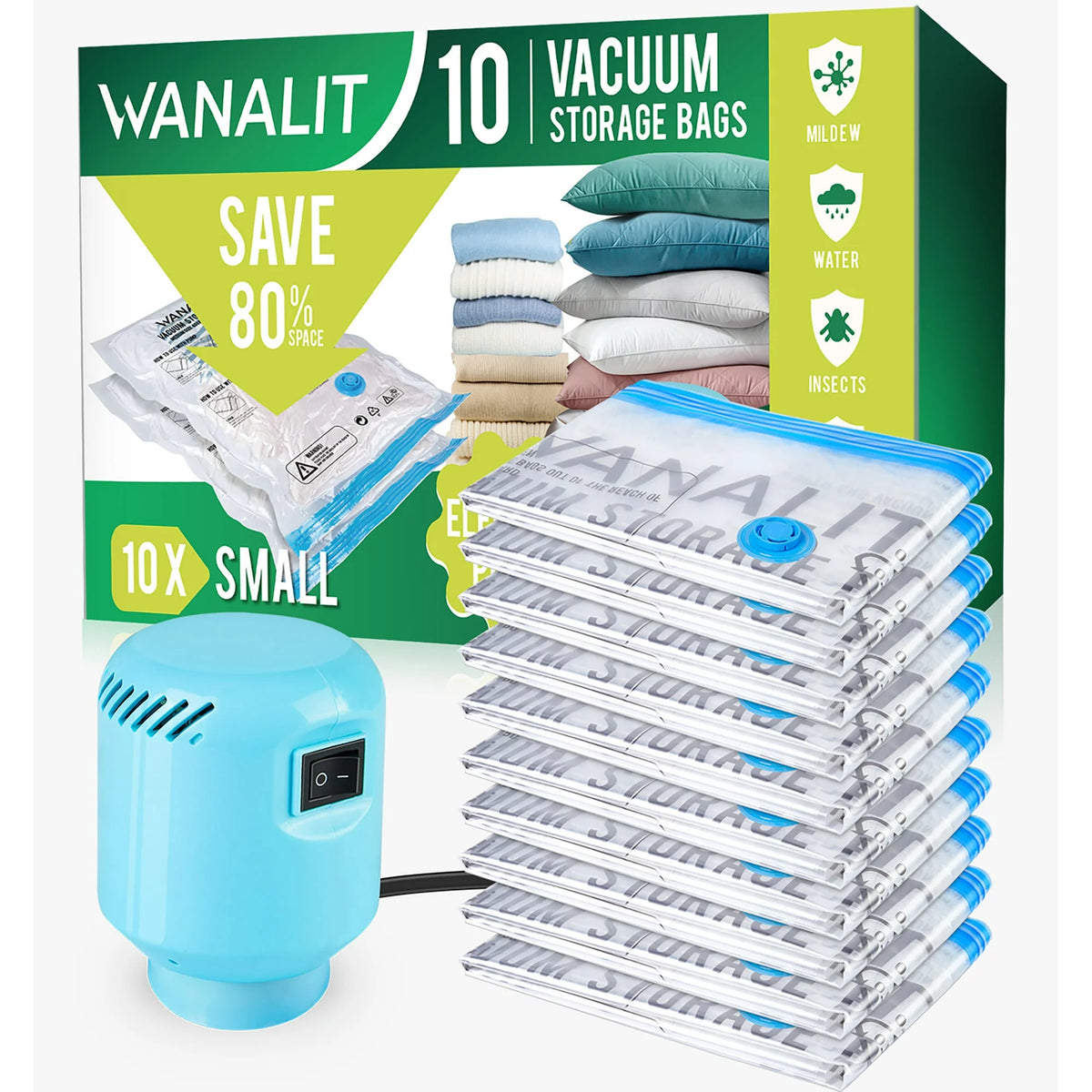 10 Pack Vacuum Storage Bags Small with Electric Air Pump Reusable Compression 24"x16" O656