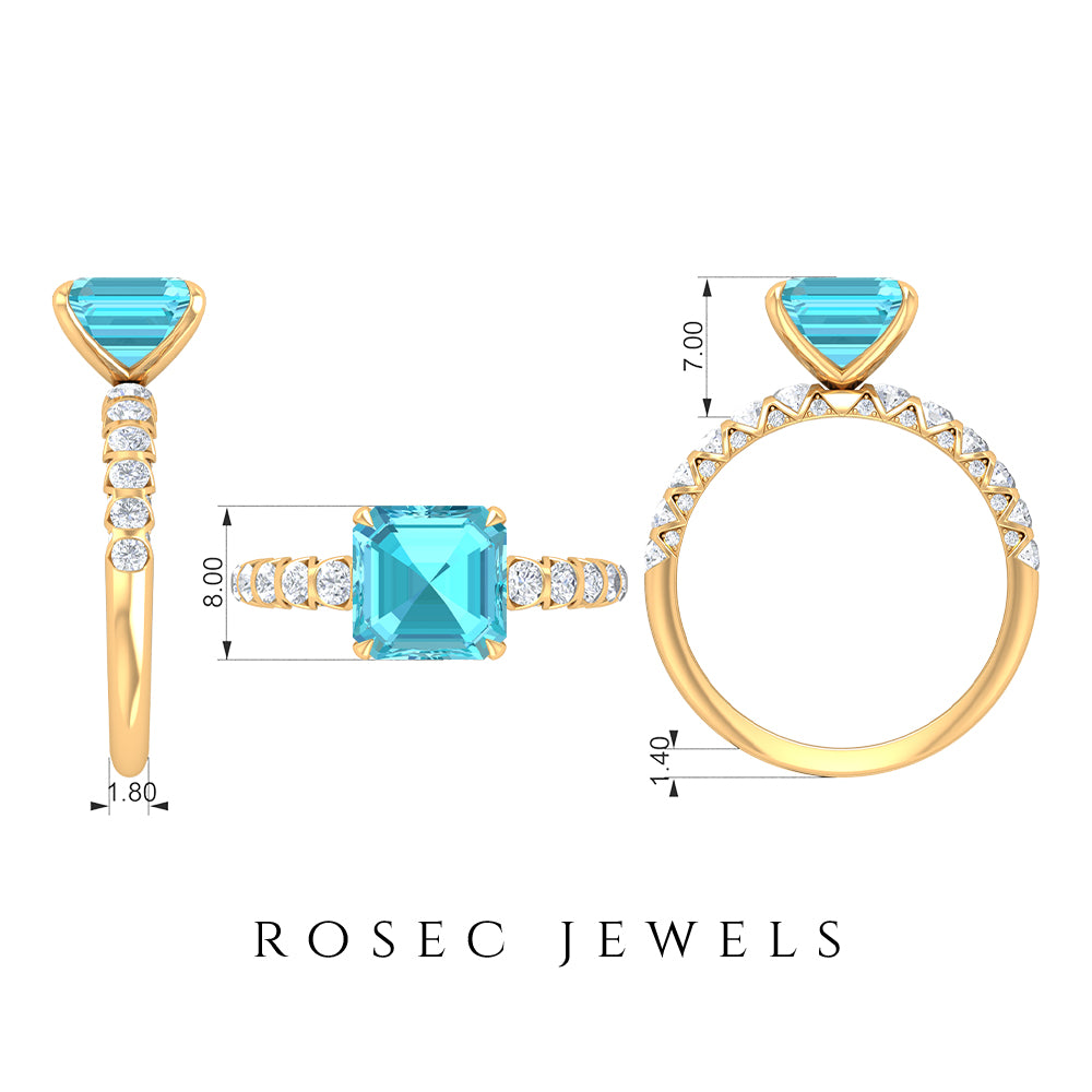 3.75 CT Swiss Blue Topaz Solitaire Ring with Diamond Side Stones, 925 Sterling Silver, US 4.00 S9406