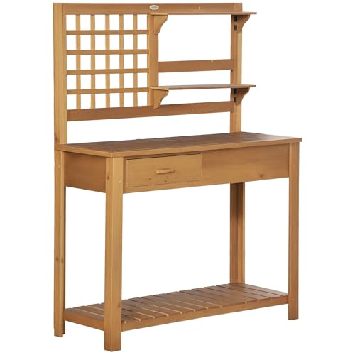 Brown Wooden Potting Bench Table with Shelves and Drawer E3282