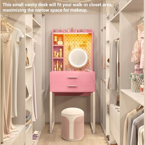 Pink Vanity Desk with Hutch and Drawers and LED Lights N646500