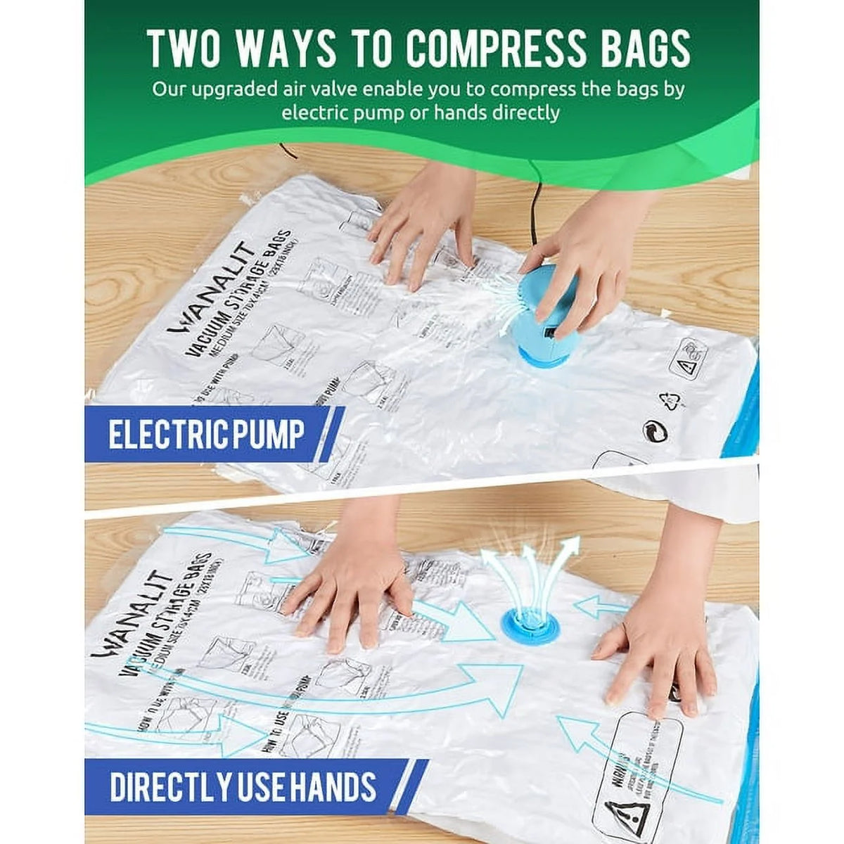 10 Pack Vacuum Storage Bags Small with Electric Air Pump Reusable Compression 24"x16" O656