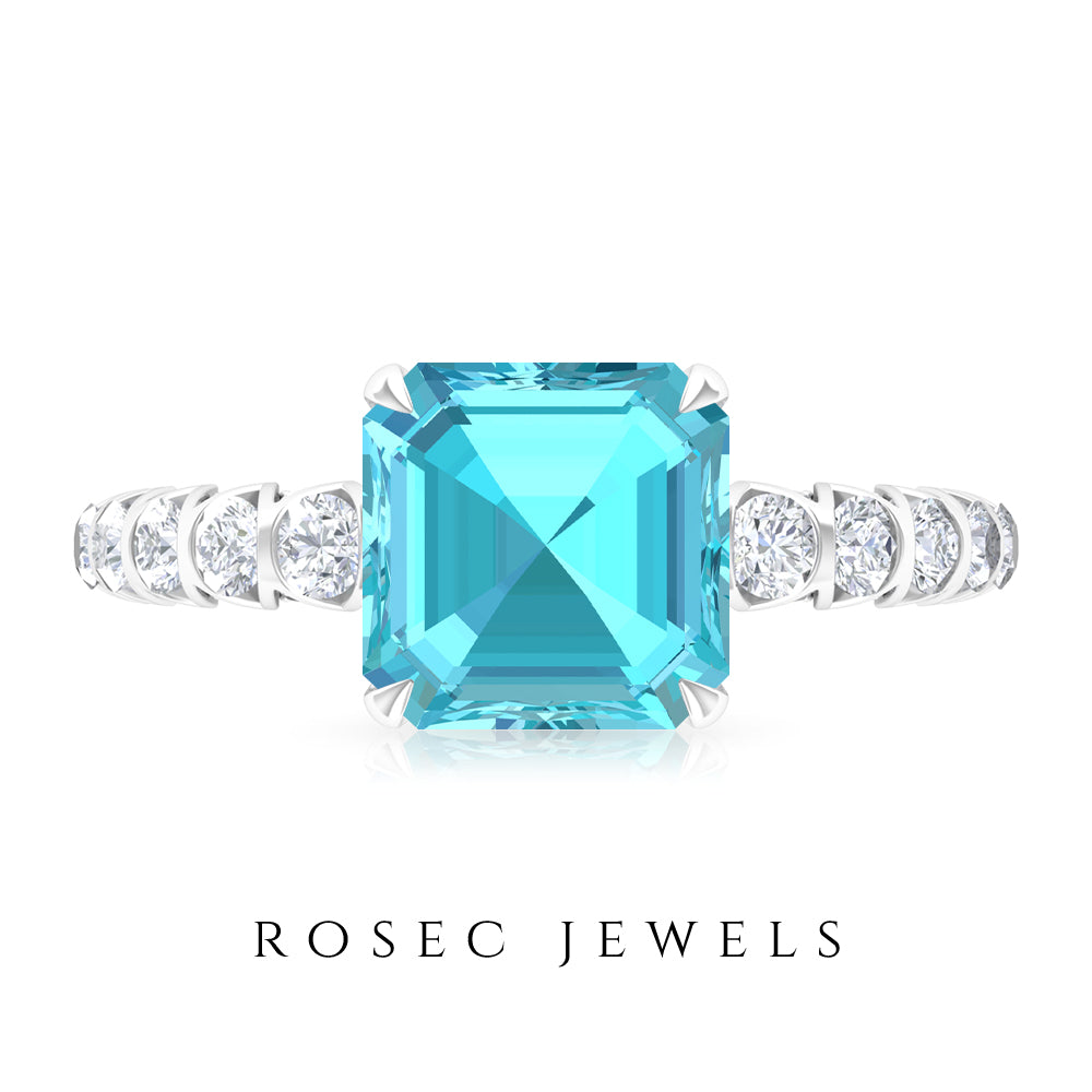 3.75 CT Swiss Blue Topaz Solitaire Ring with Diamond Side Stones, 925 Sterling Silver, US 4.00 S9406