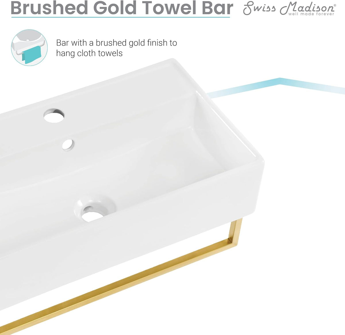 22" Wall-Mount Bathroom Sink with Brushed Gold Towel Bar C394