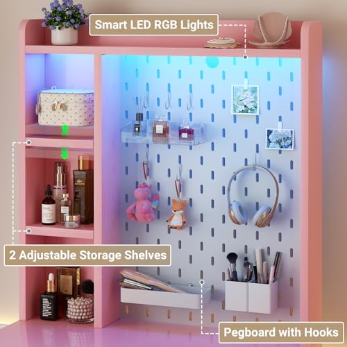 Pink Vanity Desk with Hutch and Drawers and LED Lights N646500