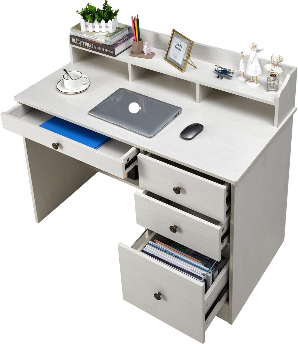 Oak White Computer Desk with 4 Drawers and Hutch Shelf Y5990