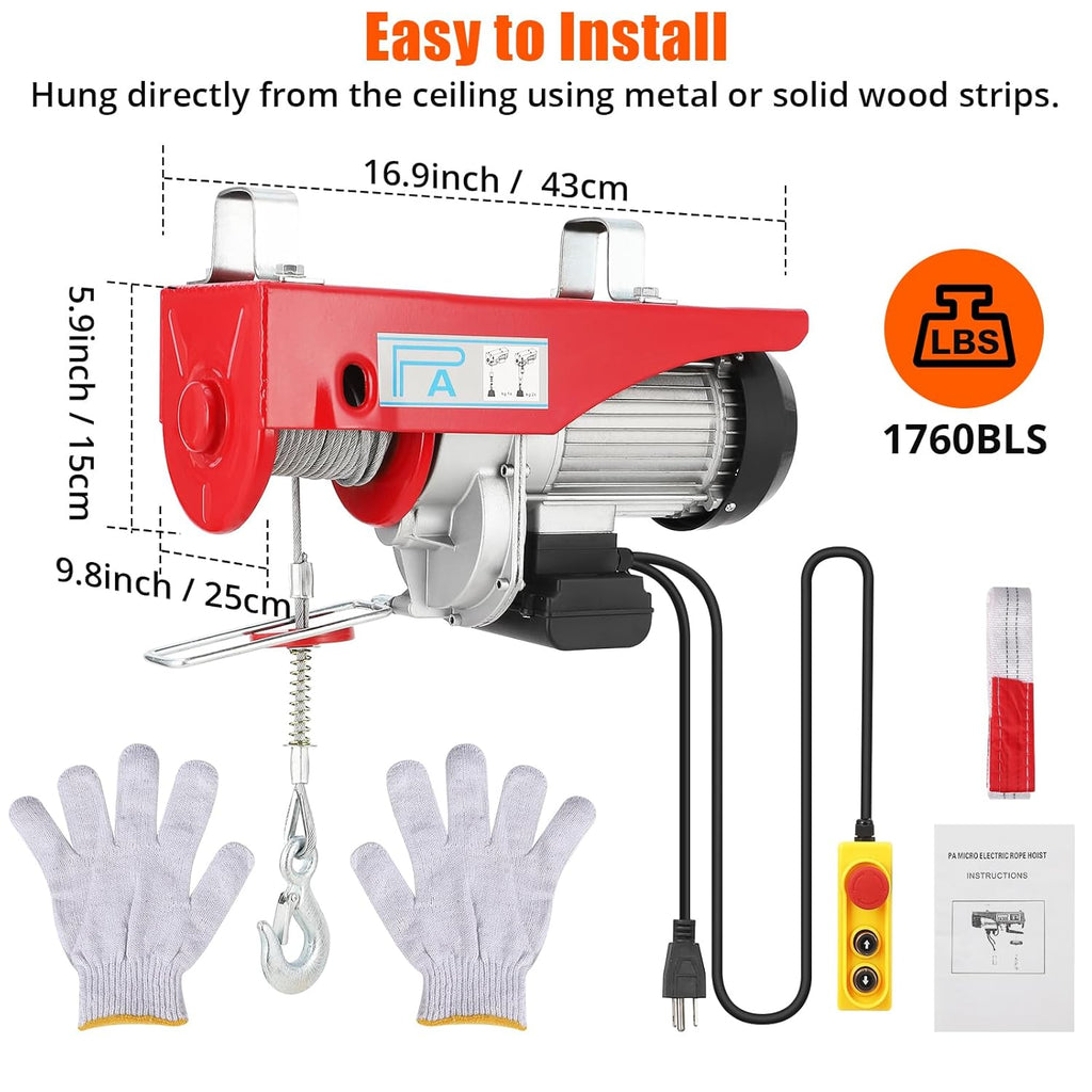 Electric Hoist 1760lbs 39FT Single Cable Lifting Height Steel Wire Winch B565