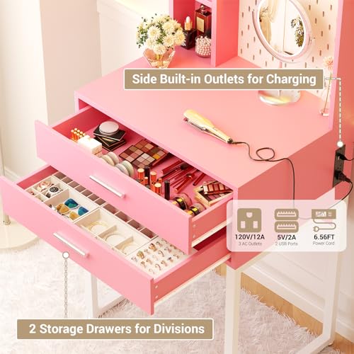 Pink Vanity Desk with Hutch and Drawers and LED Lights N646500