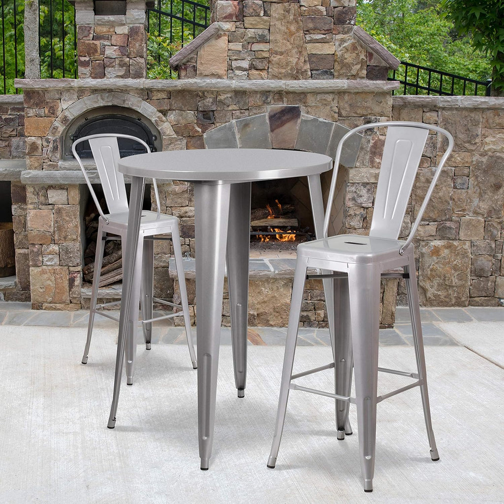 30 Round Silver Metal Indoor-Outdoor Bar Table Set with 2 Cafe Stools Z3343
