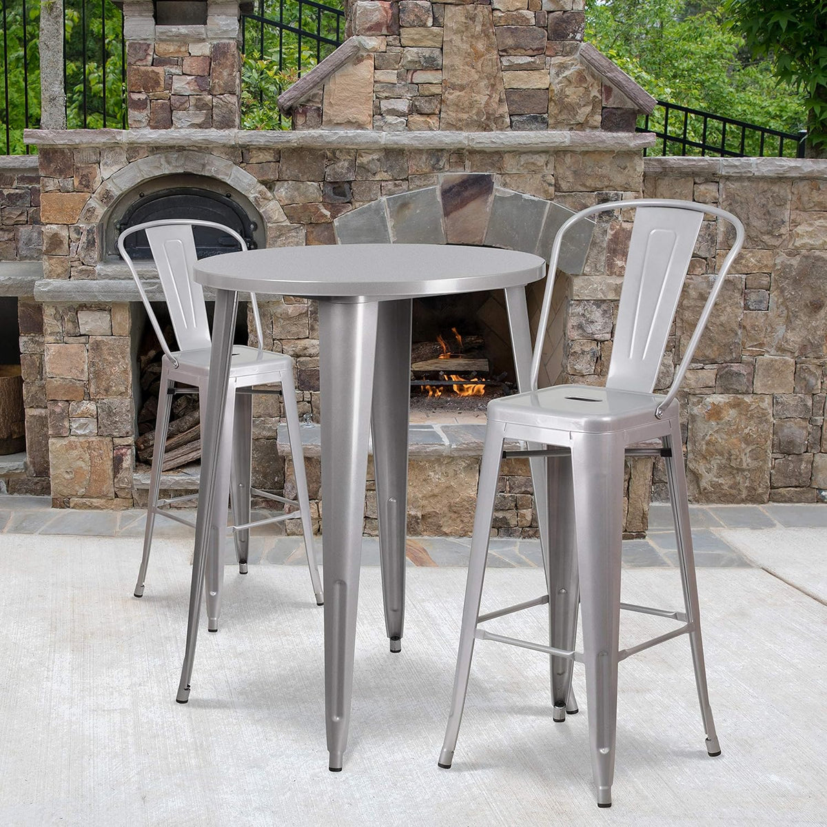 30 Round Silver Metal Indoor-Outdoor Bar Table Set with 2 Cafe Stools Z3343