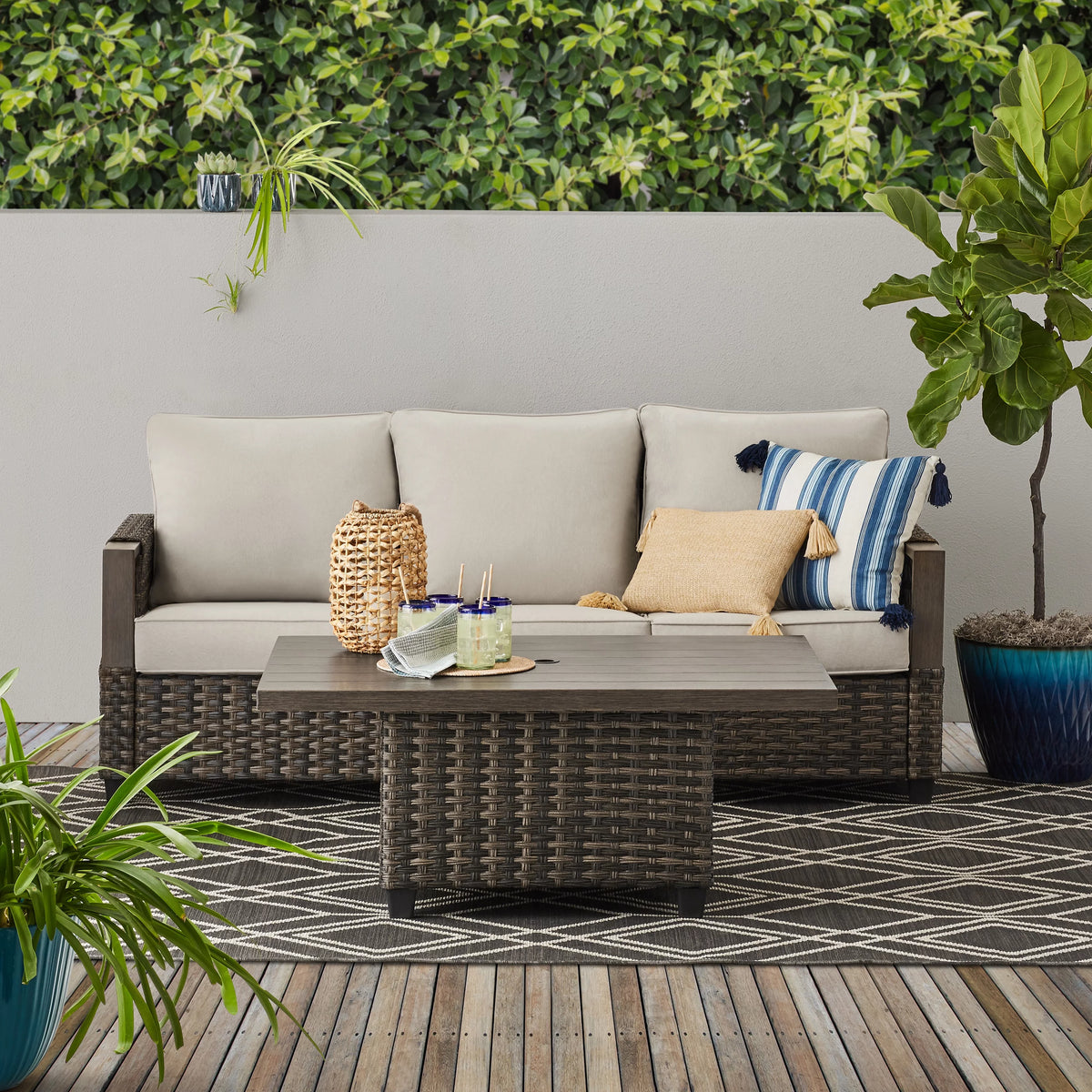 Brown Wicker Sofa and Adjustable Height Table Set P239313