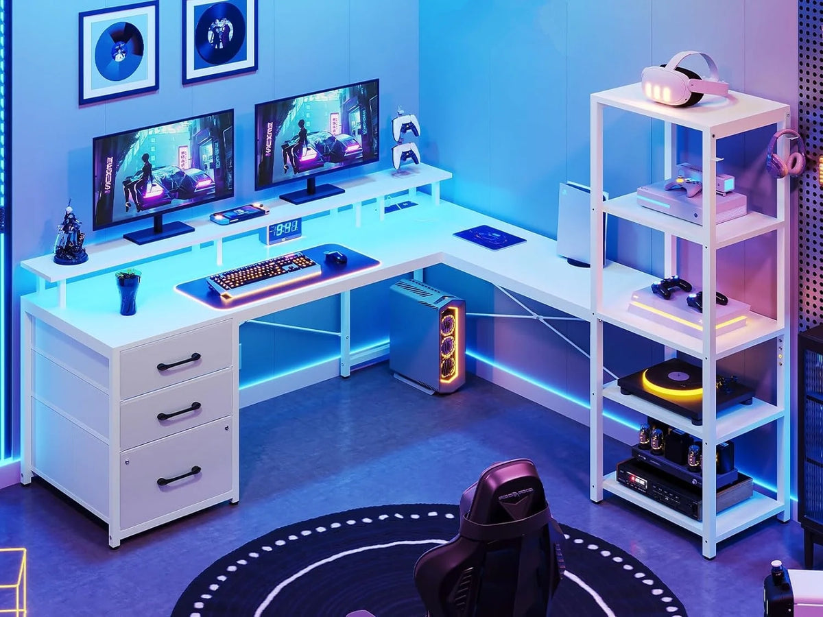 White L Shaped Computer Desk with Power Outlet and LED Lights V6125