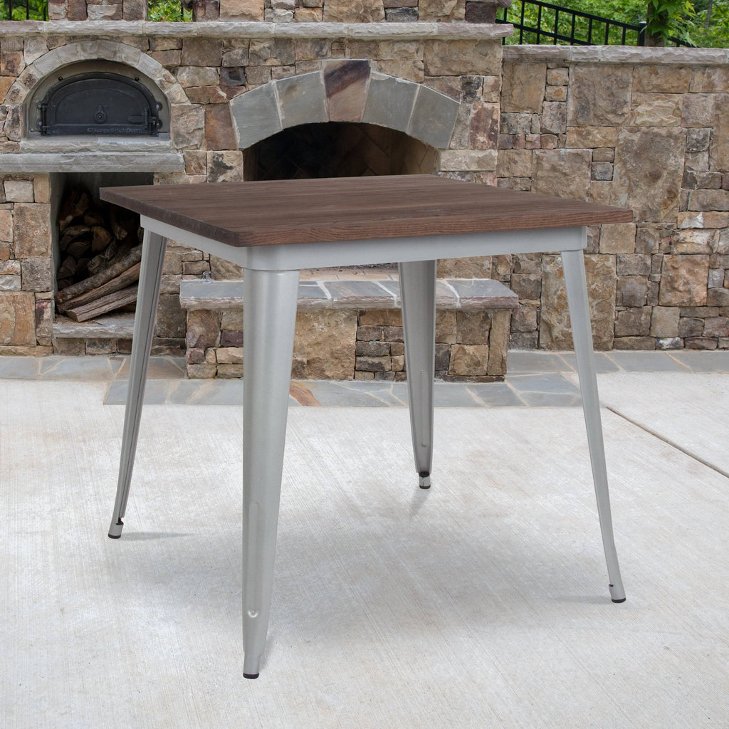 31.5x22 Square Silver Metal Table with Walnut Wood Top Q91207