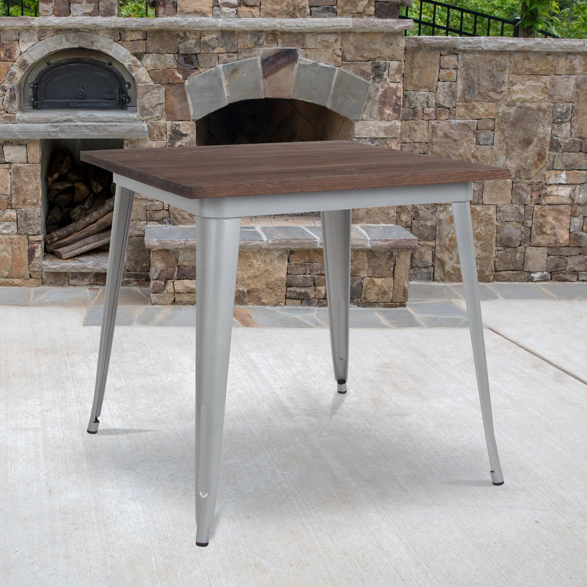 31.5x22 Square Silver Metal Table with Walnut Wood Top Q91207