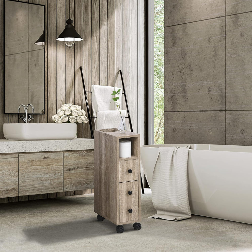 Oak Grain Freestanding Bathroom Cabinet with 2 Open Cabinets, 1 Door Cabinet, 1 Drawer and 4 Rolling Wheels W131