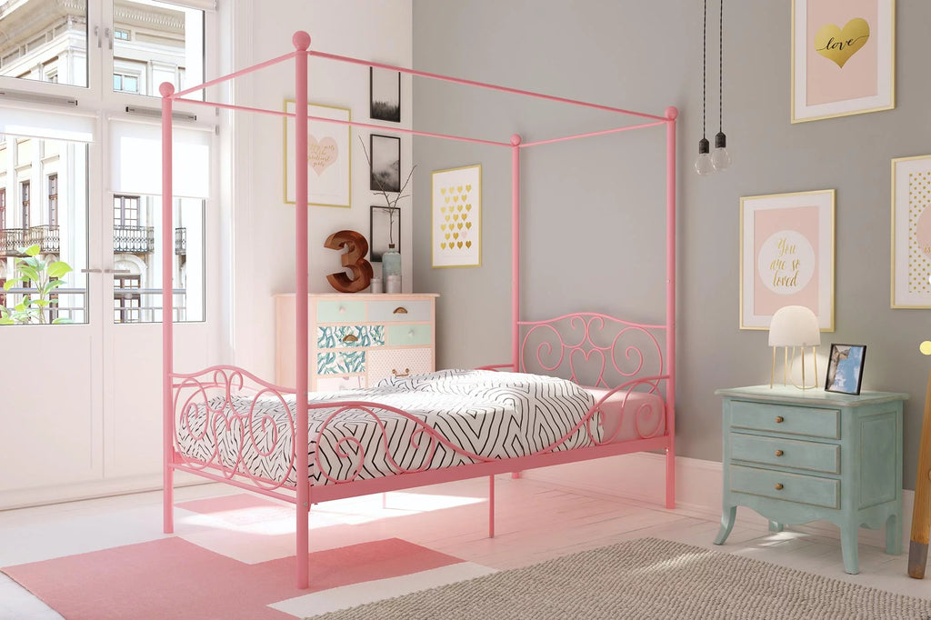 Pink Twin Metal Canopy Bed O422